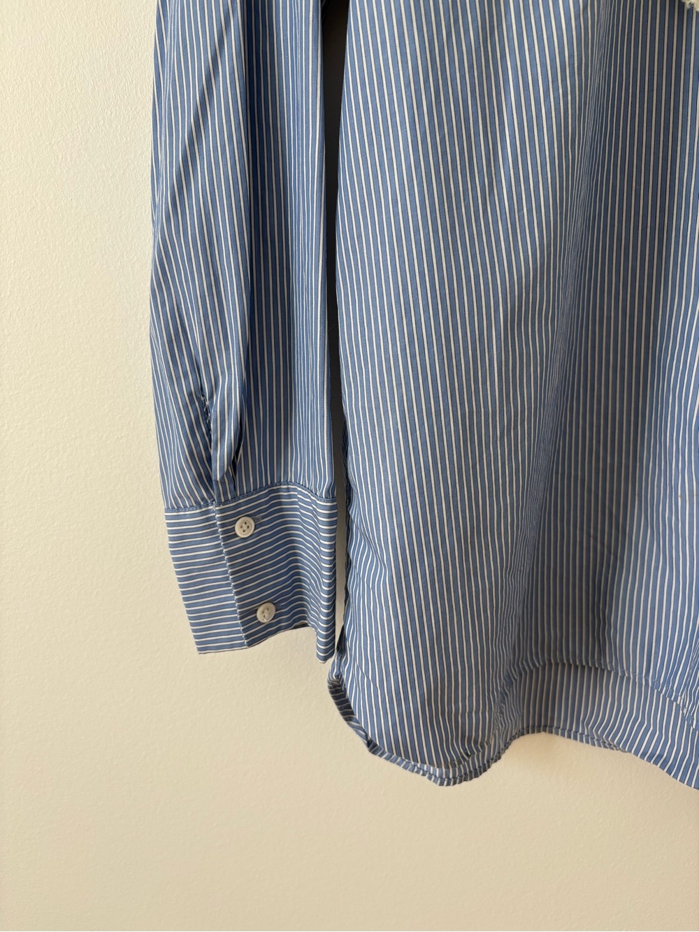 Sandro Paris Blue Striped Lace Ruffle Button Up Blouse Size 3 M/L French Classic - Picture 10 of 12